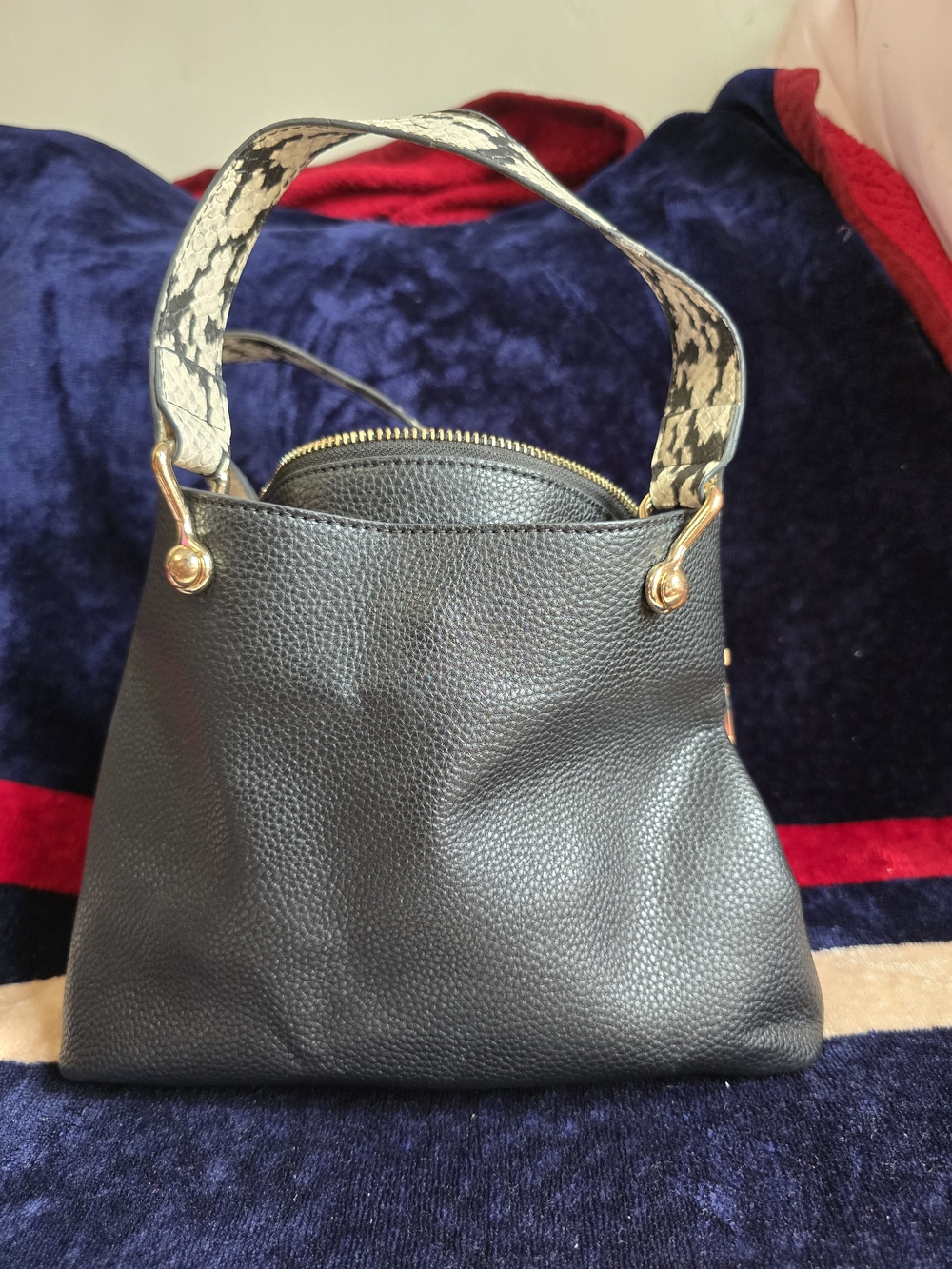 Aldo Black Pebbled Shoulder Bag with Snake-Print Strap